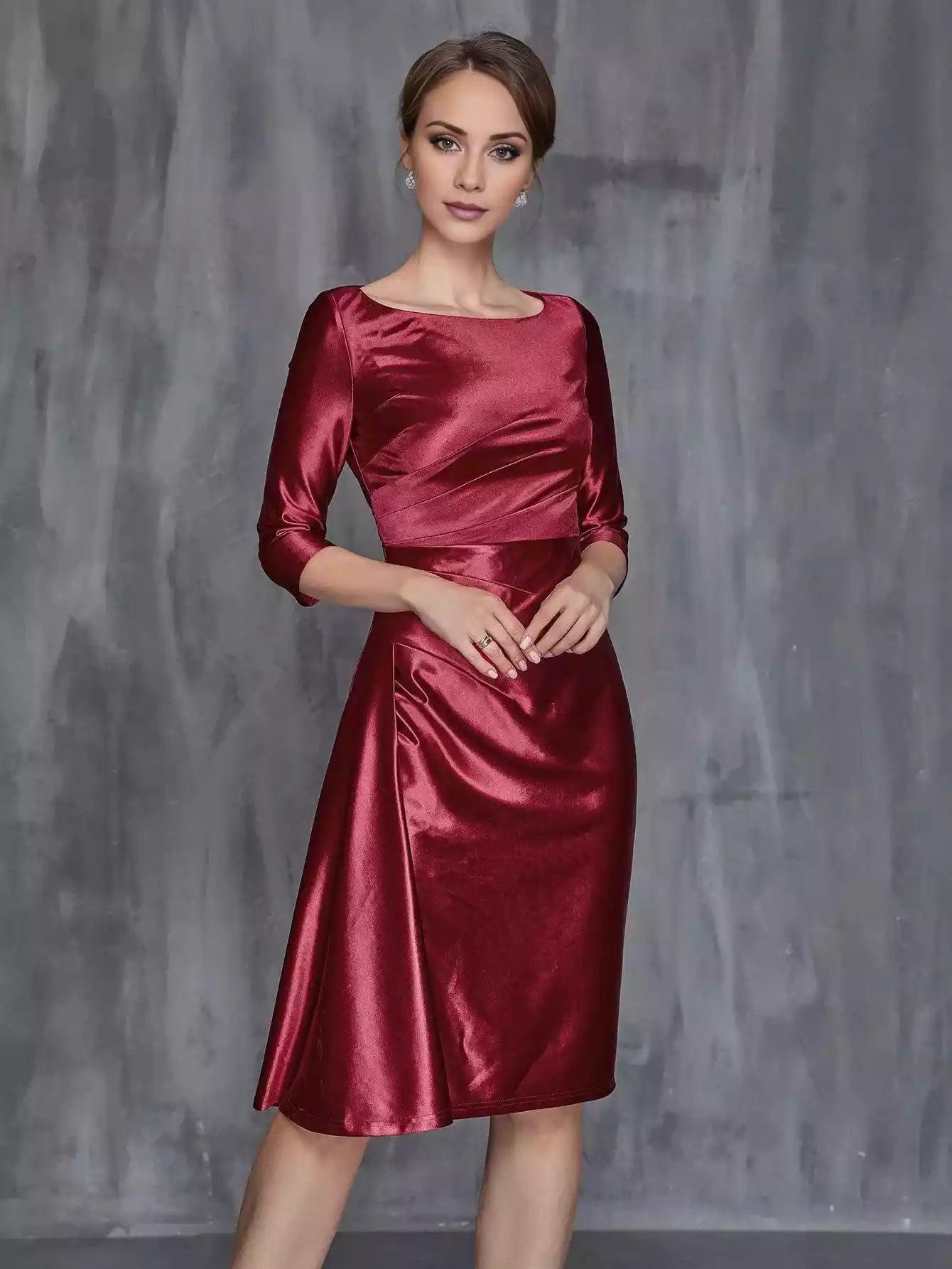 Womens' Solid Ruched Wrap Front Satin Dress Mother of the Bride Dress