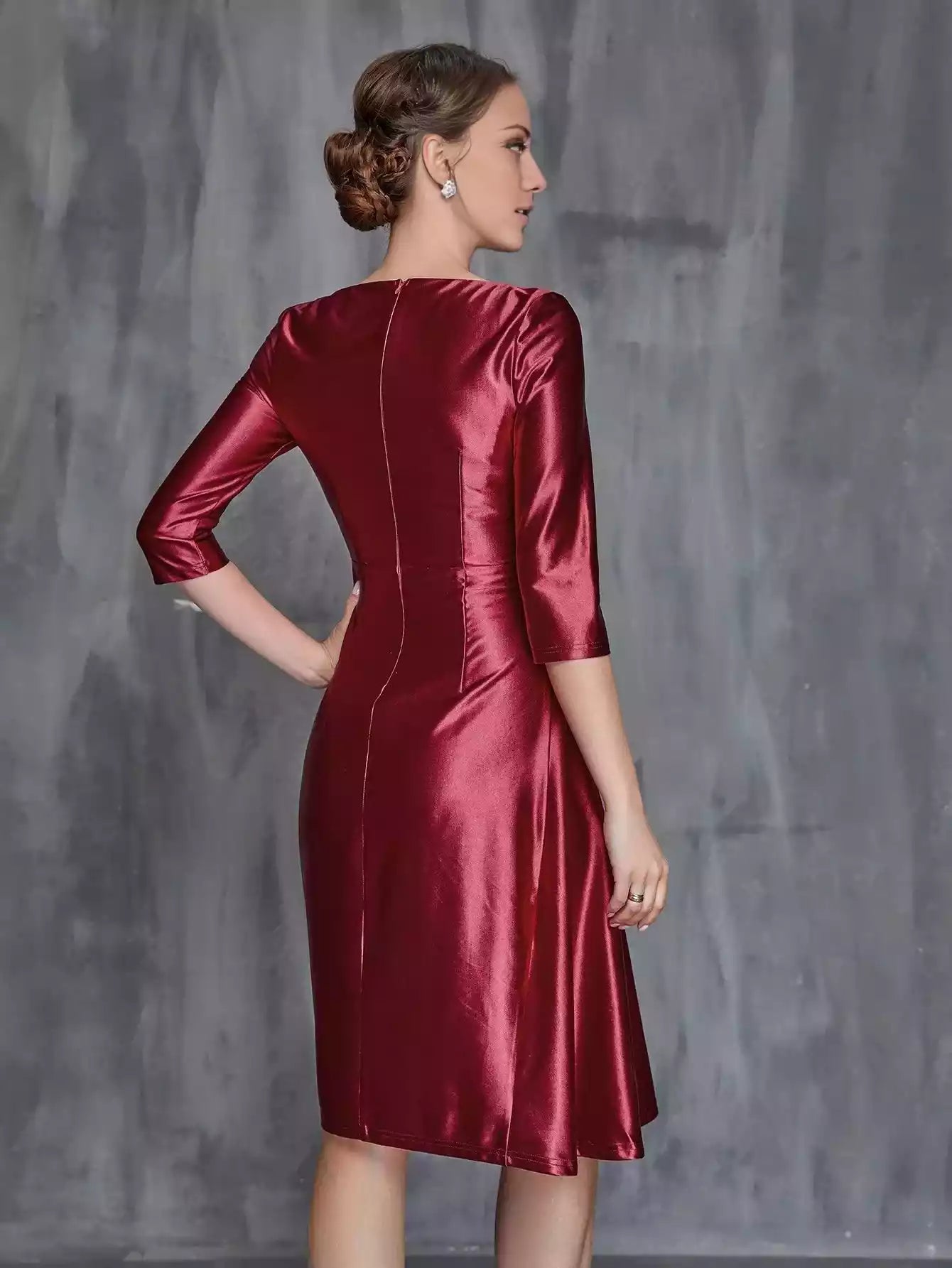 Womens' Solid Ruched Wrap Front Satin Dress Mother of the Bride Dress