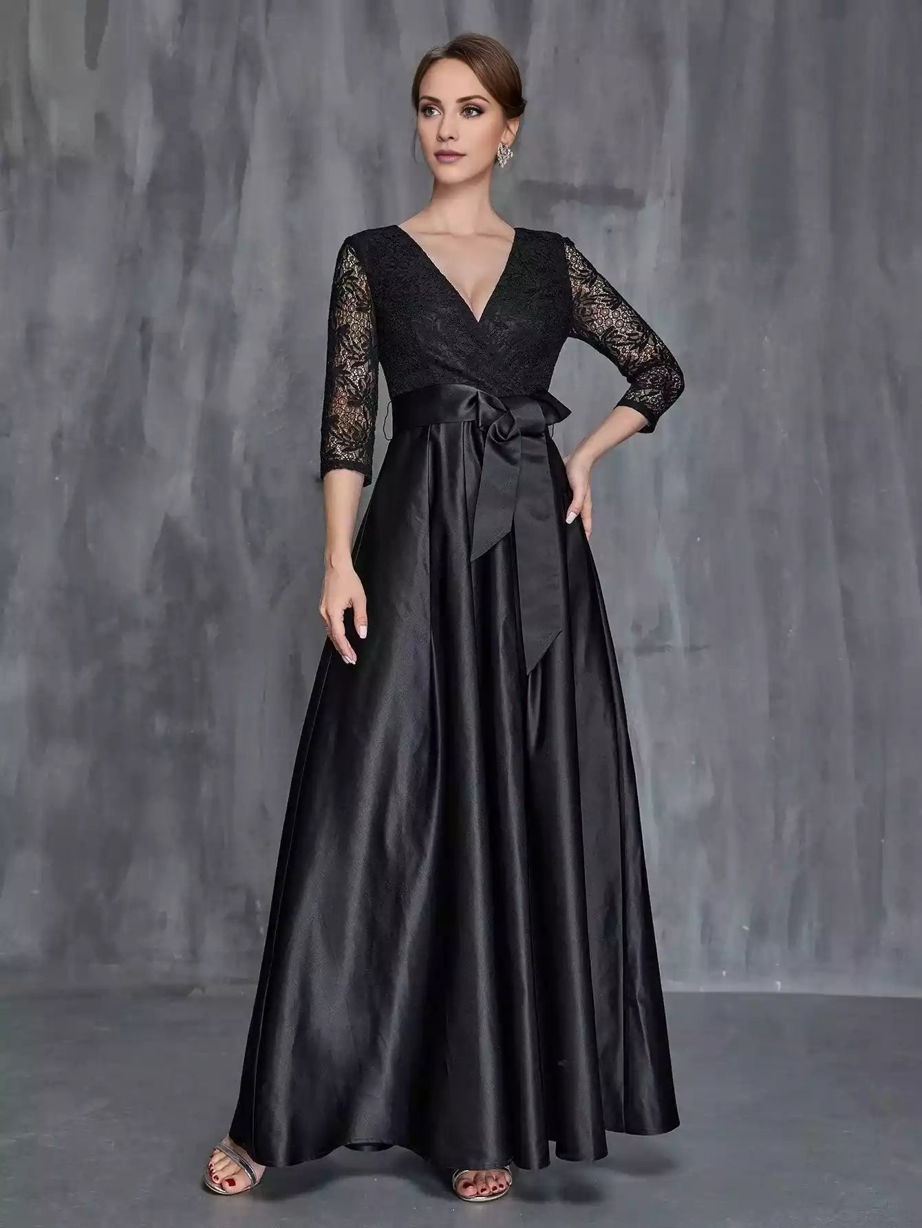 Womens' Surplice Neck Lace Contrast Satin Belted Mother of the Bride Dress