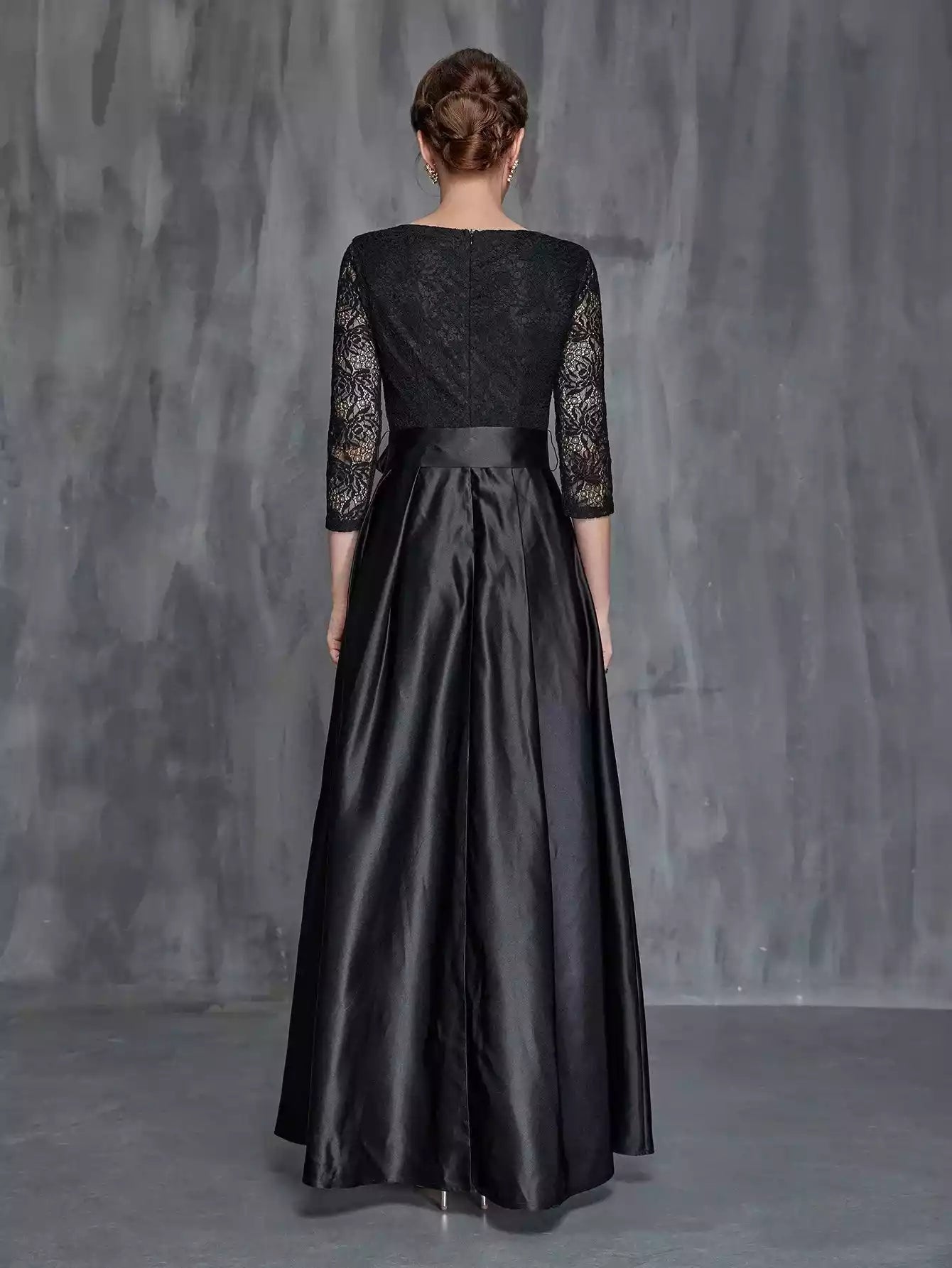 Womens' Surplice Neck Lace Contrast Satin Belted Mother of the Bride Dress