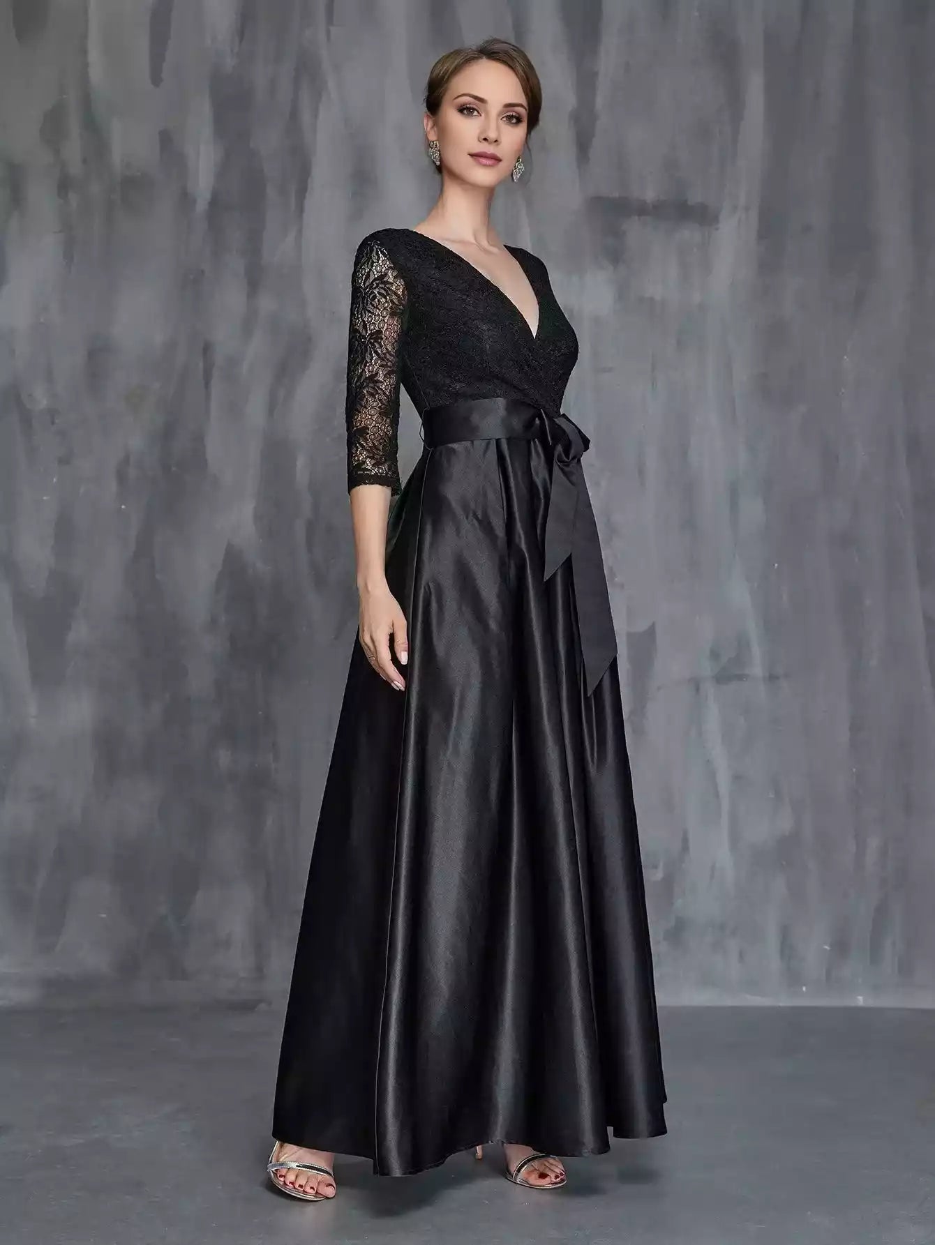 Womens' Surplice Neck Lace Contrast Satin Belted Mother of the Bride Dress