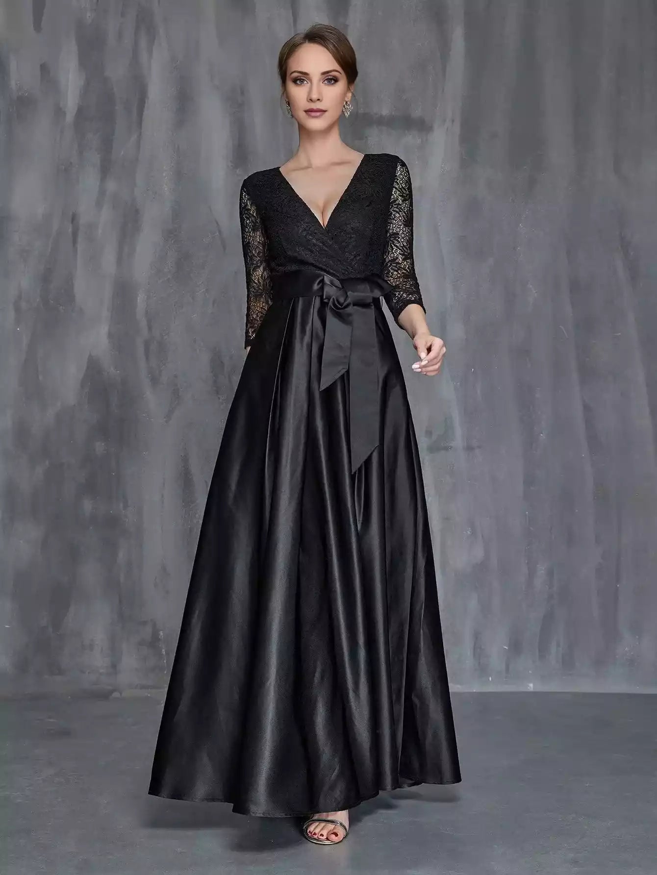 Womens' Surplice Neck Lace Contrast Satin Belted Mother of the Bride Dress