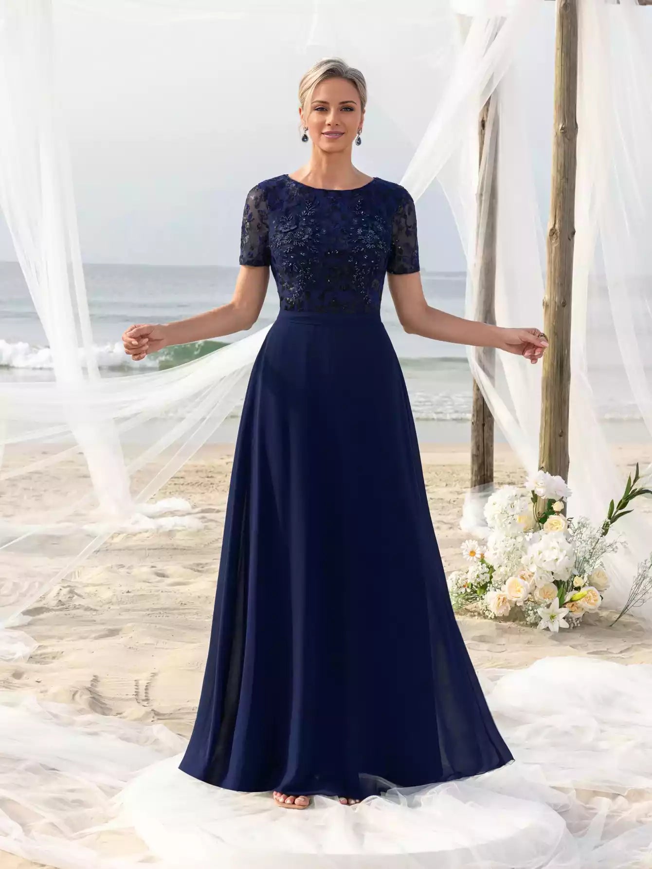 Womens' with Intricate Floral Appliqué Flowing Chiffon Mother of the Bride Dress