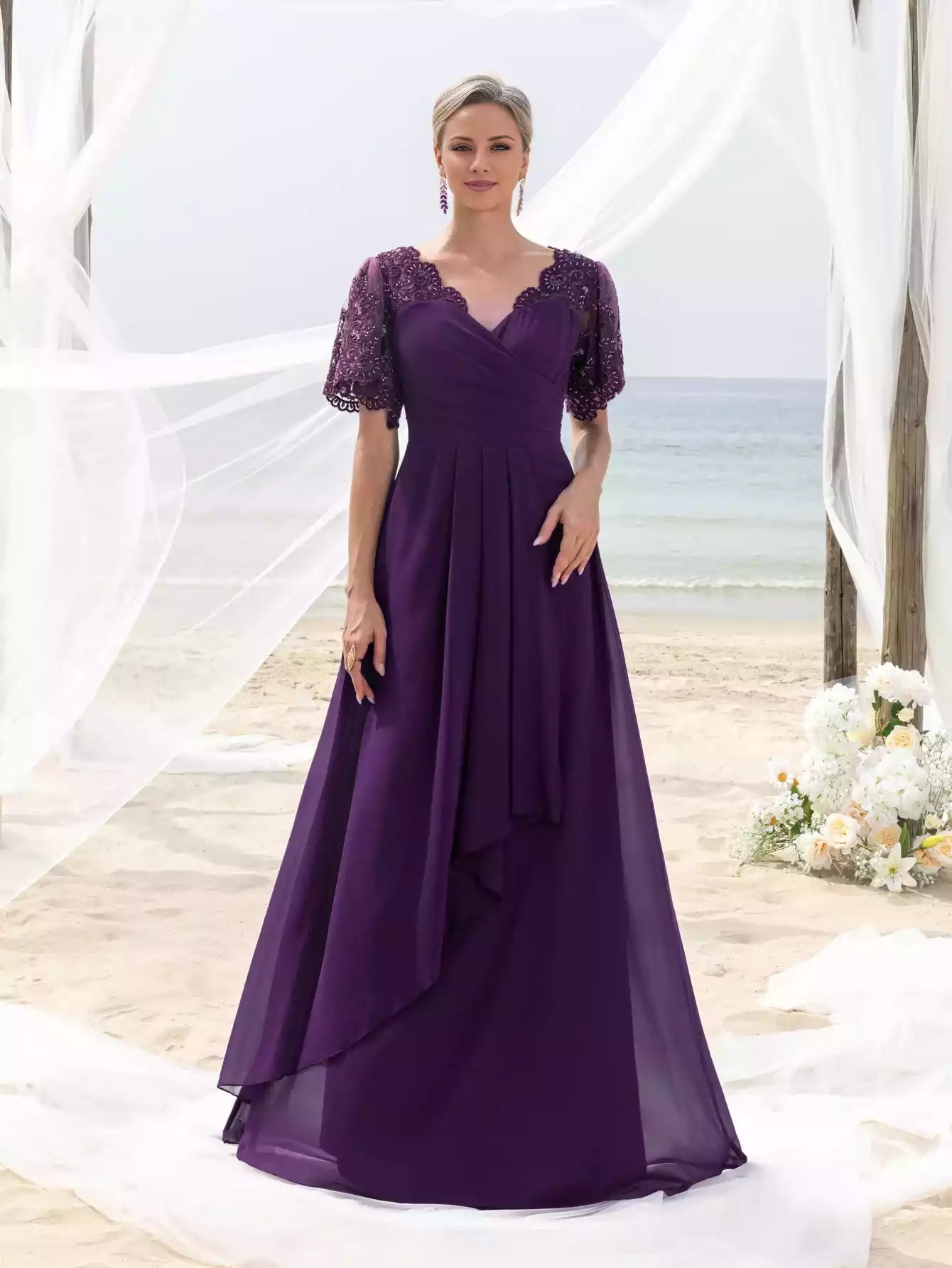 Womens' with Lace Short Sleeves Sparkling Beaded Accents  Flowing Cascading Skirt Deep V-Neck Mother of the Bride Dress
