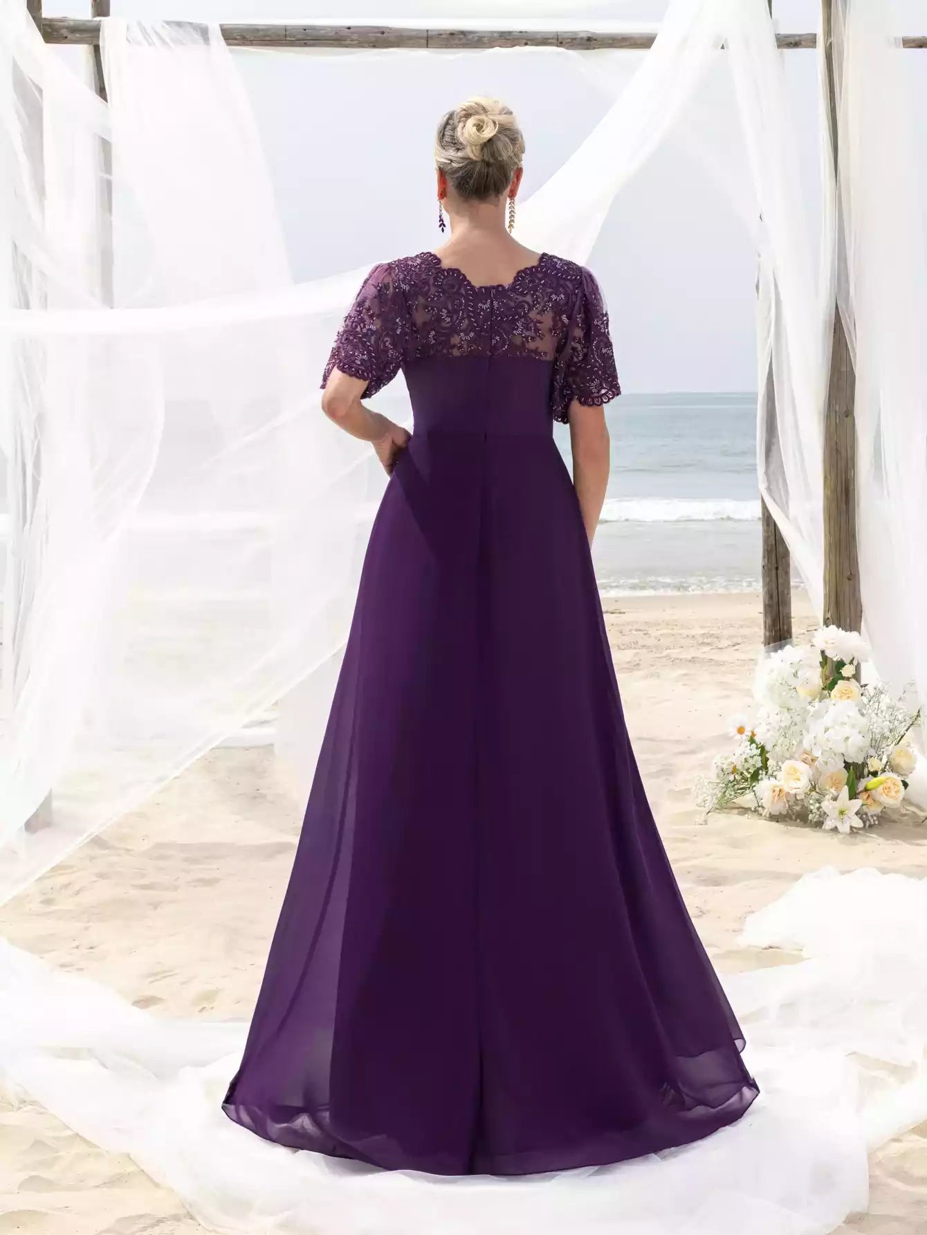 Womens' with Lace Short Sleeves Sparkling Beaded Accents  Flowing Cascading Skirt Deep V-Neck Mother of the Bride Dress