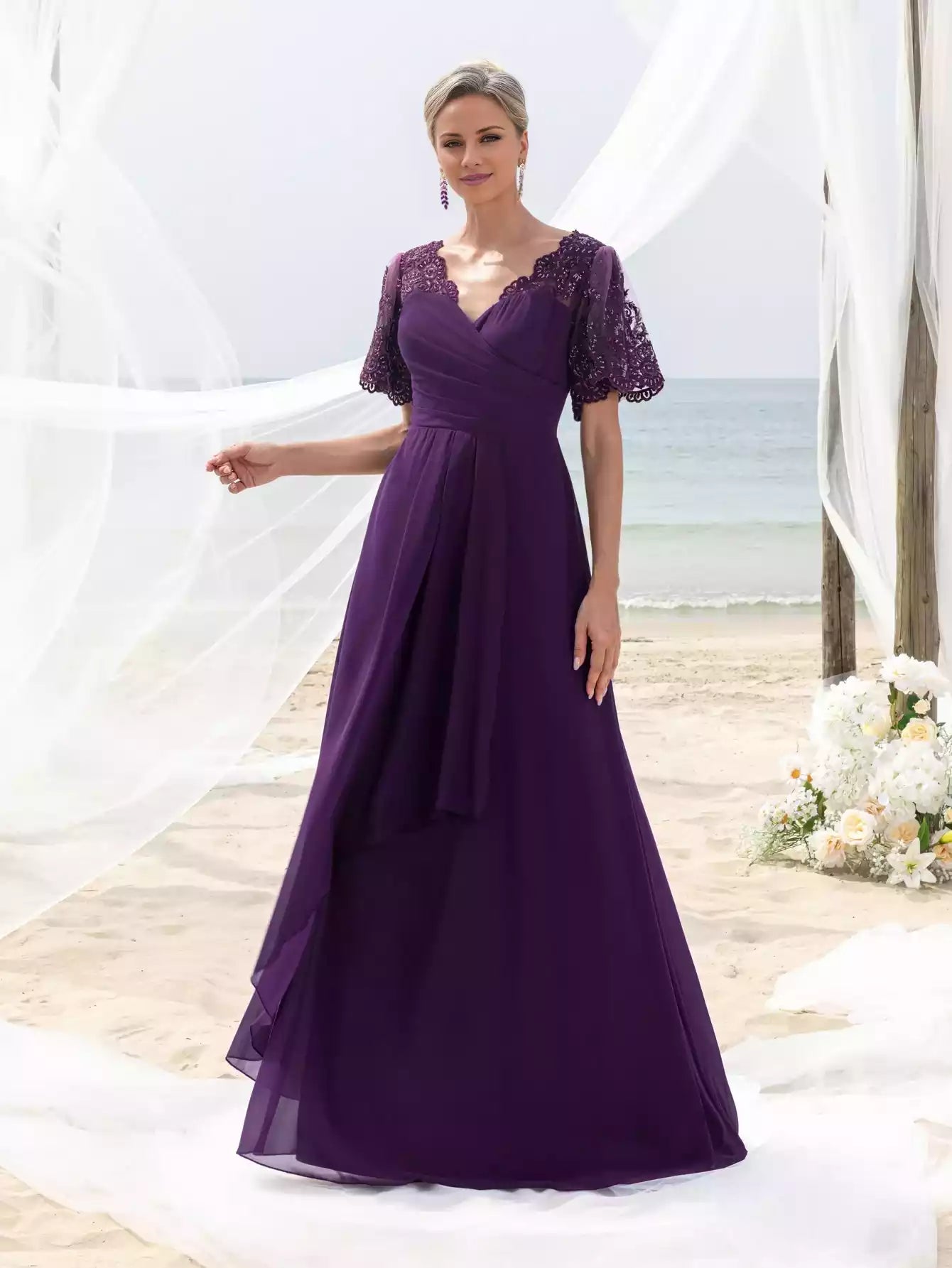 Womens' with Lace Short Sleeves Sparkling Beaded Accents  Flowing Cascading Skirt Deep V-Neck Mother of the Bride Dress