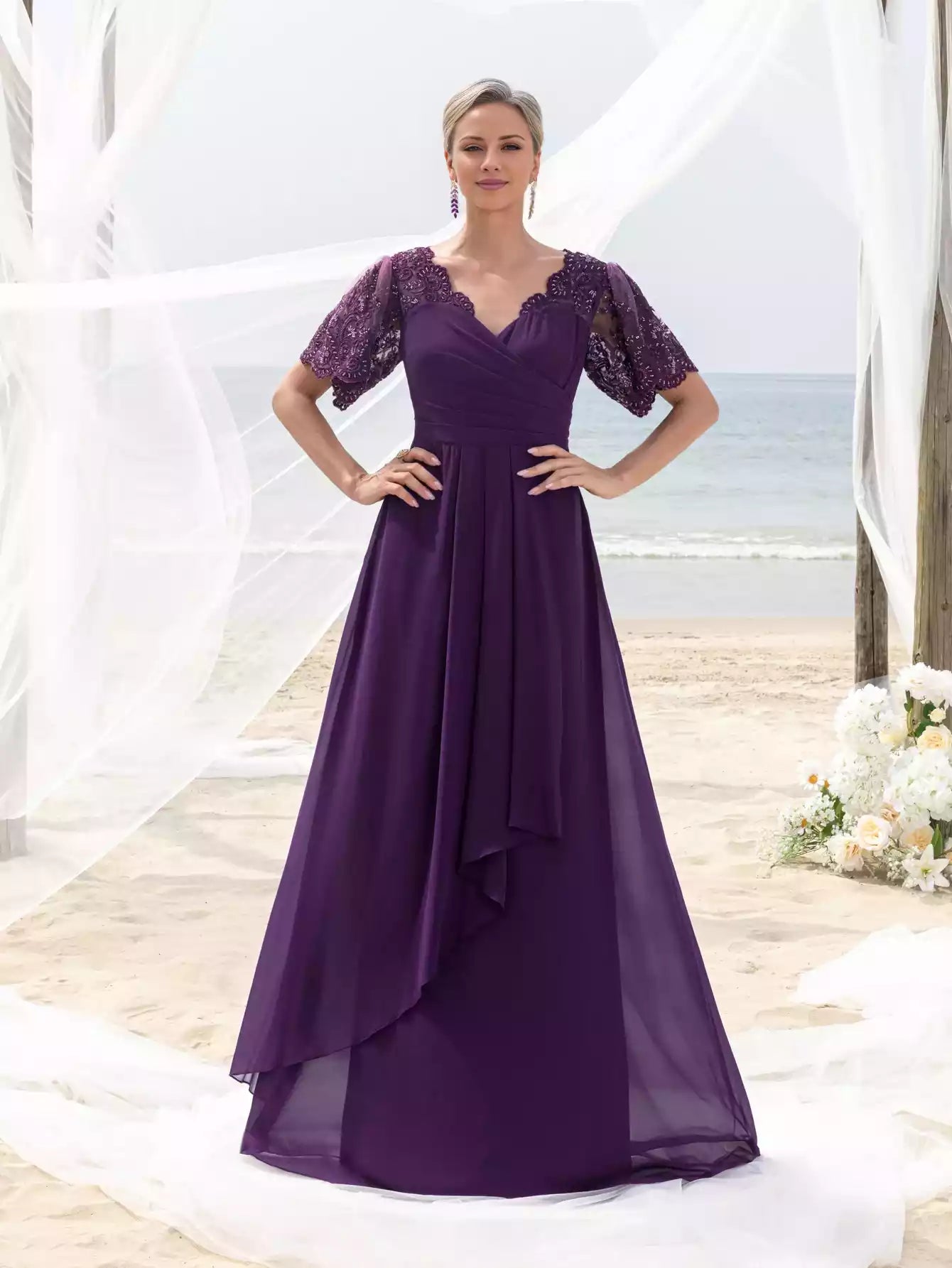 Womens' with Lace Short Sleeves Sparkling Beaded Accents  Flowing Cascading Skirt Deep V-Neck Mother of the Bride Dress