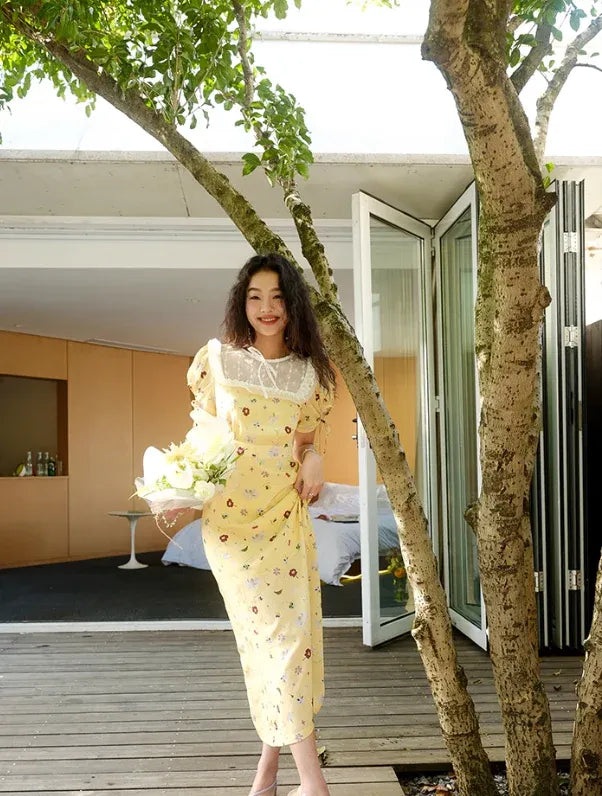Yellow Floral Lace Collar Puff Sleeve Midi Dress
