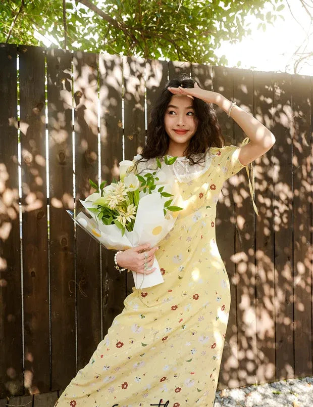 Yellow Floral Lace Collar Puff Sleeve Midi Dress