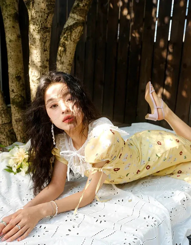 Yellow Floral Lace Collar Puff Sleeve Midi Dress