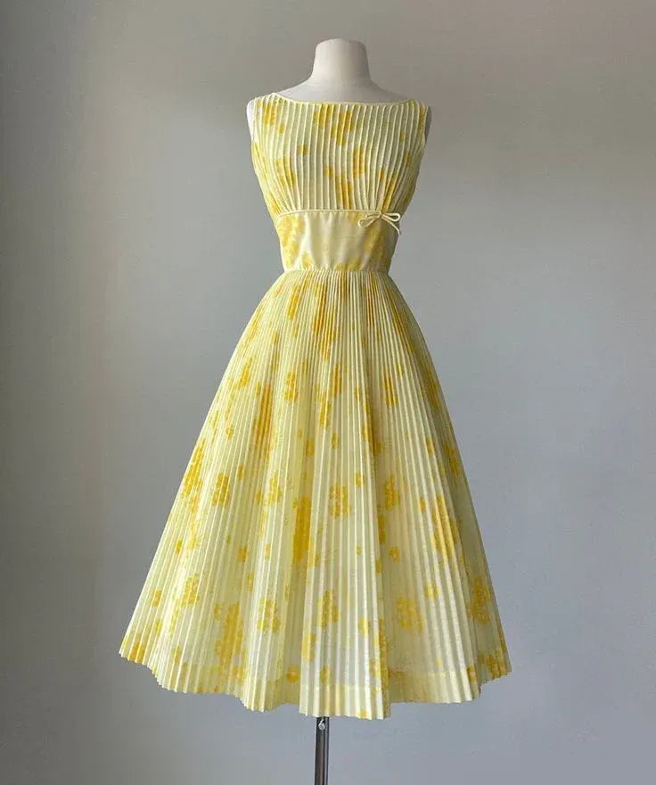 Yellow Floral Print Pleated Fit-and-Flare Midi Dress