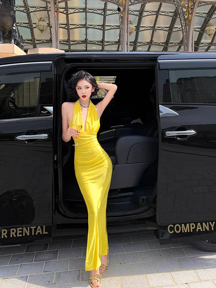 Yellow Halter Satin Maxi Dress – Deep V-Neck Backless Evening Gown