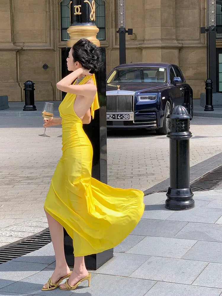 Yellow Halter Satin Maxi Dress – Deep V-Neck Backless Evening Gown