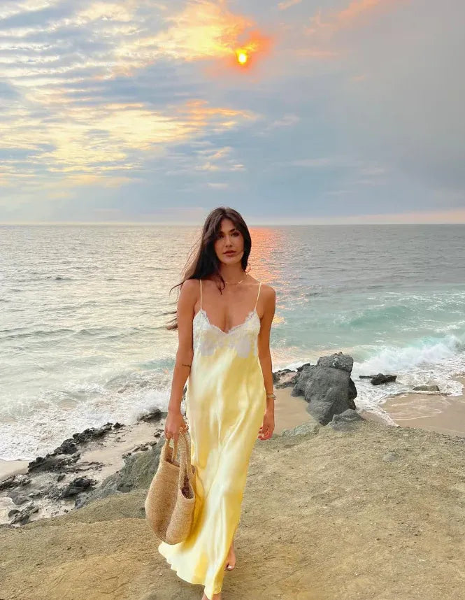 Yellow Satin Lace Trim Maxi Slip Dress – Backless Spaghetti Strap Beach Summer Gown
