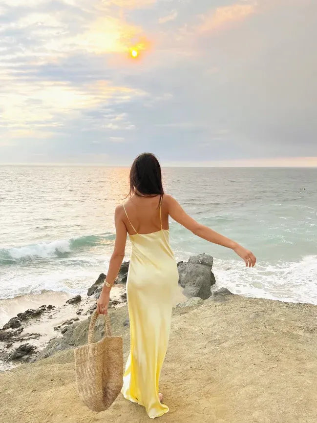 Yellow Satin Lace Trim Maxi Slip Dress – Backless Spaghetti Strap Beach Summer Gown