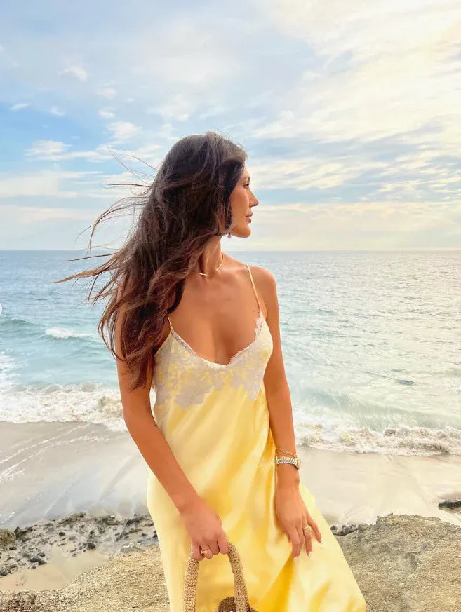 Yellow Satin Lace Trim Maxi Slip Dress – Backless Spaghetti Strap Beach Summer Gown
