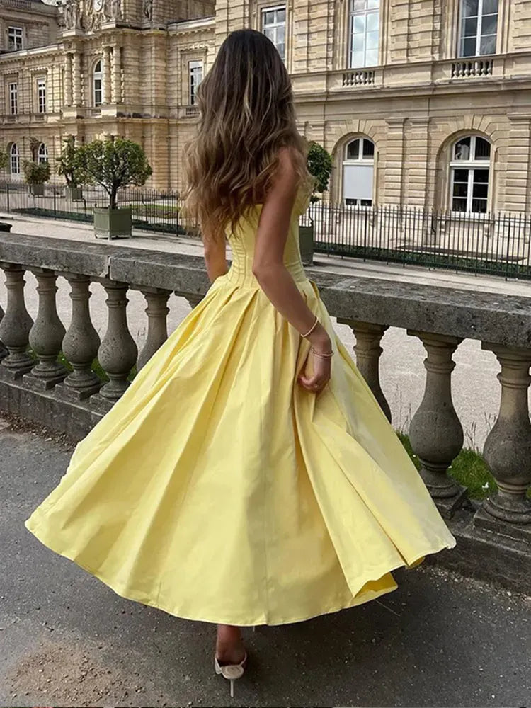 Yellow Satin Strapless Corset Ball Gown – Sweetheart Neck A-Line Formal Prom Dress with Train