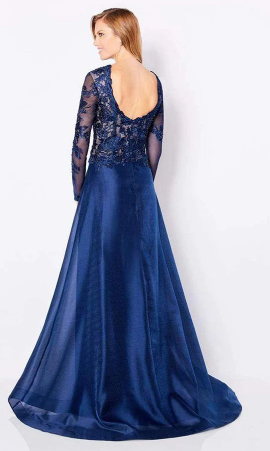 Elegant A-Line Square-Neck Long-Sleeve Lace-Back Navy Satin Floor-Length Mother of the Bride Dresses
