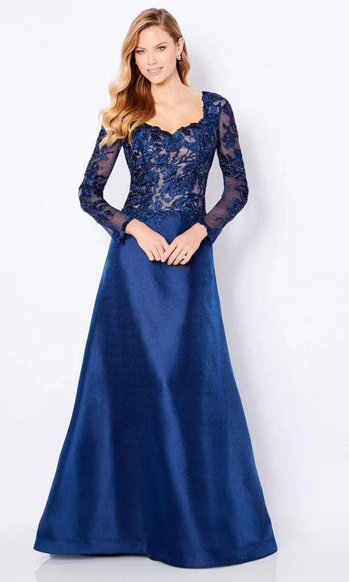 Elegant A-Line Square-Neck Long-Sleeve Lace-Back Navy Satin Floor-Length Mother of the Bride Dresses