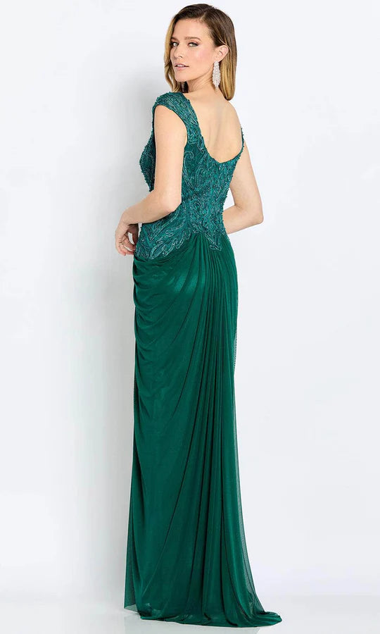 Glamorous Sheath V-Neck Cap-Sleeve Beaded-Back Emerald Chiffon Floor-Length Mother of the Bride Dresses