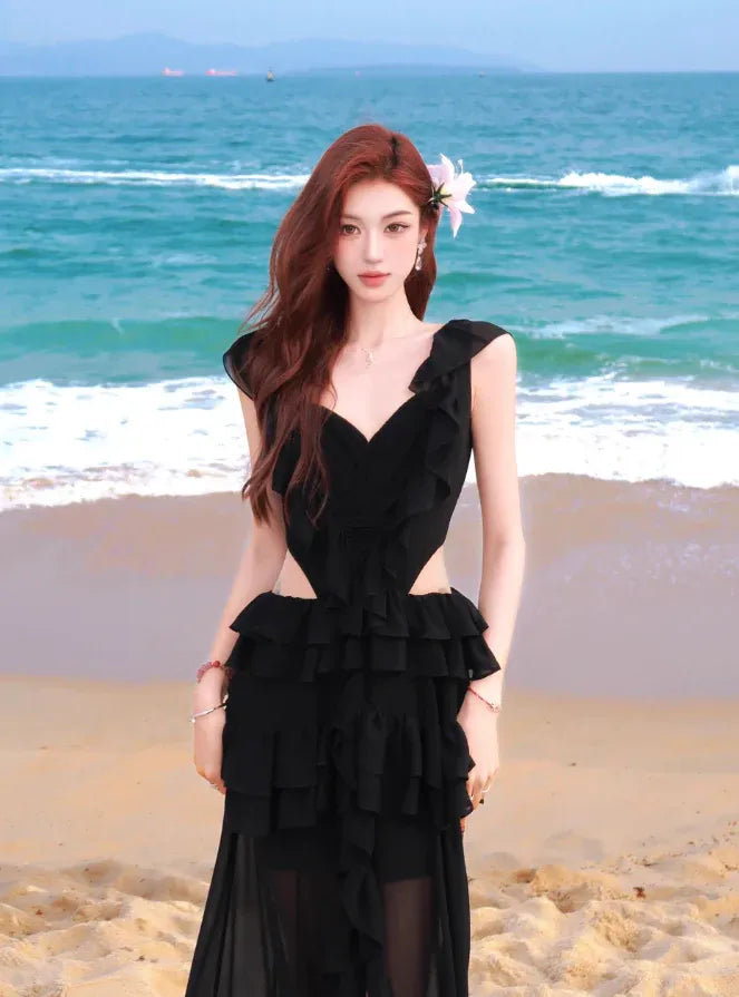Black Chiffon Ruffled Cut-Out Maxi Gown with Slit