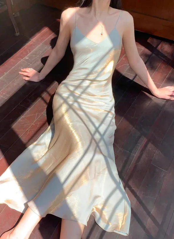 Light Gray Metallic Satin Cowl Neck Midi Dress