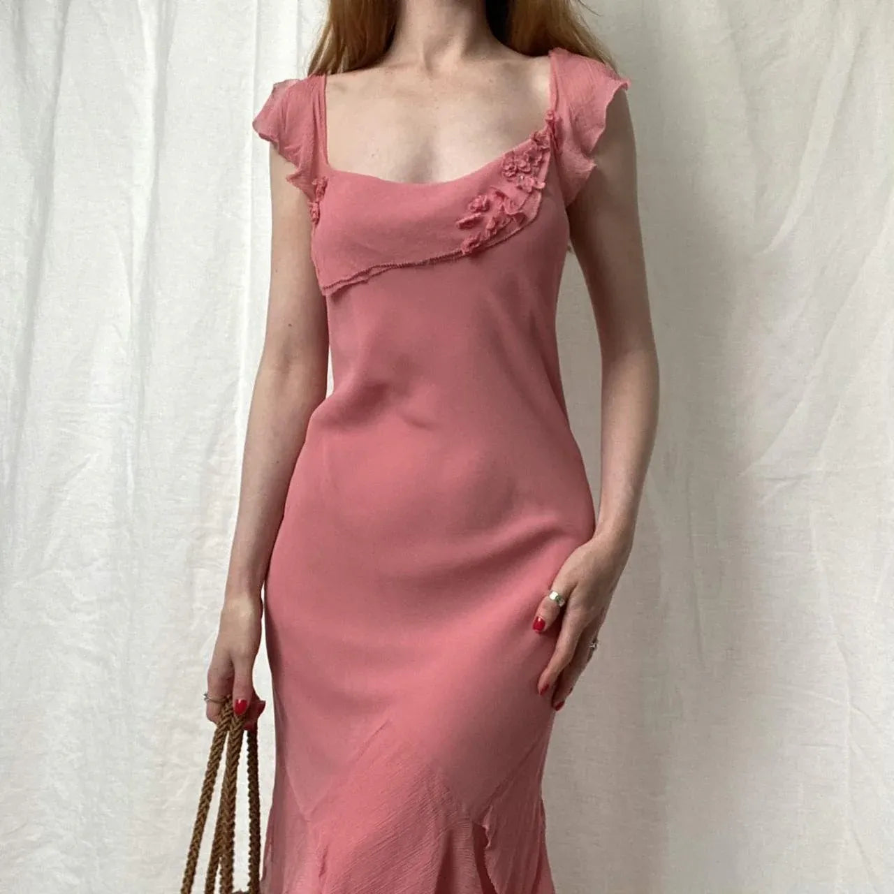 Romantic Dusty Rose Chiffon Ruffled Floral Appliqué Midi Dress