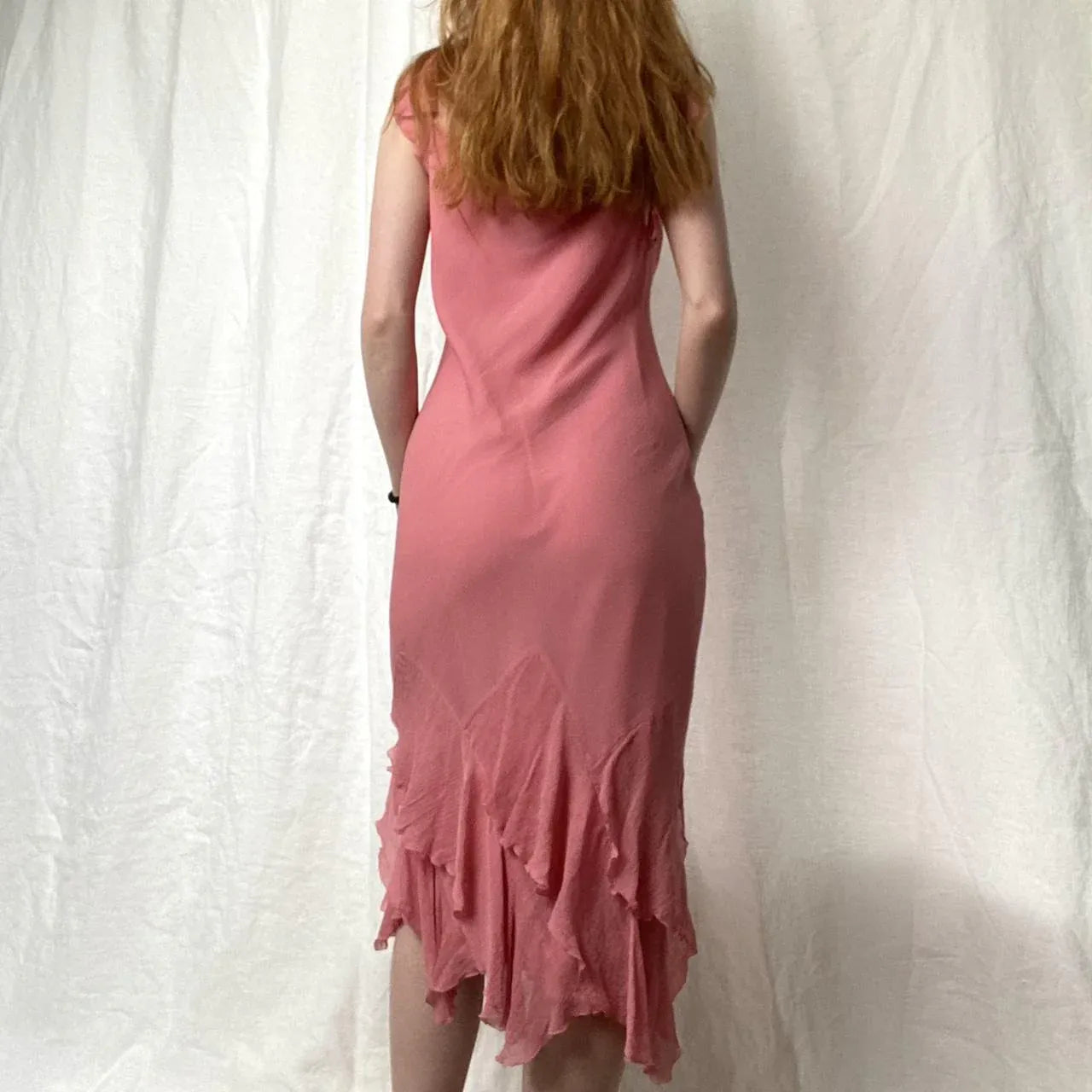 Romantic Dusty Rose Chiffon Ruffled Floral Appliqué Midi Dress