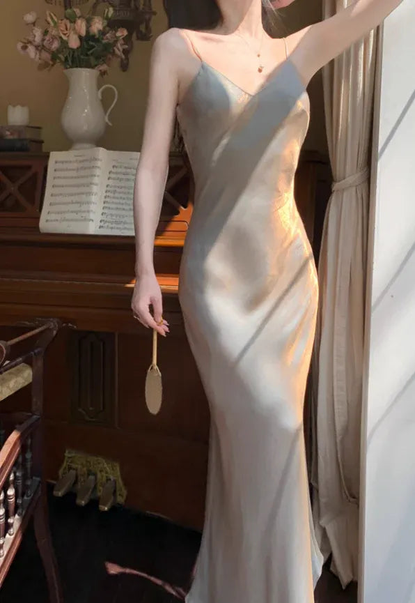 Light Gray Metallic Satin Cowl Neck Midi Dress