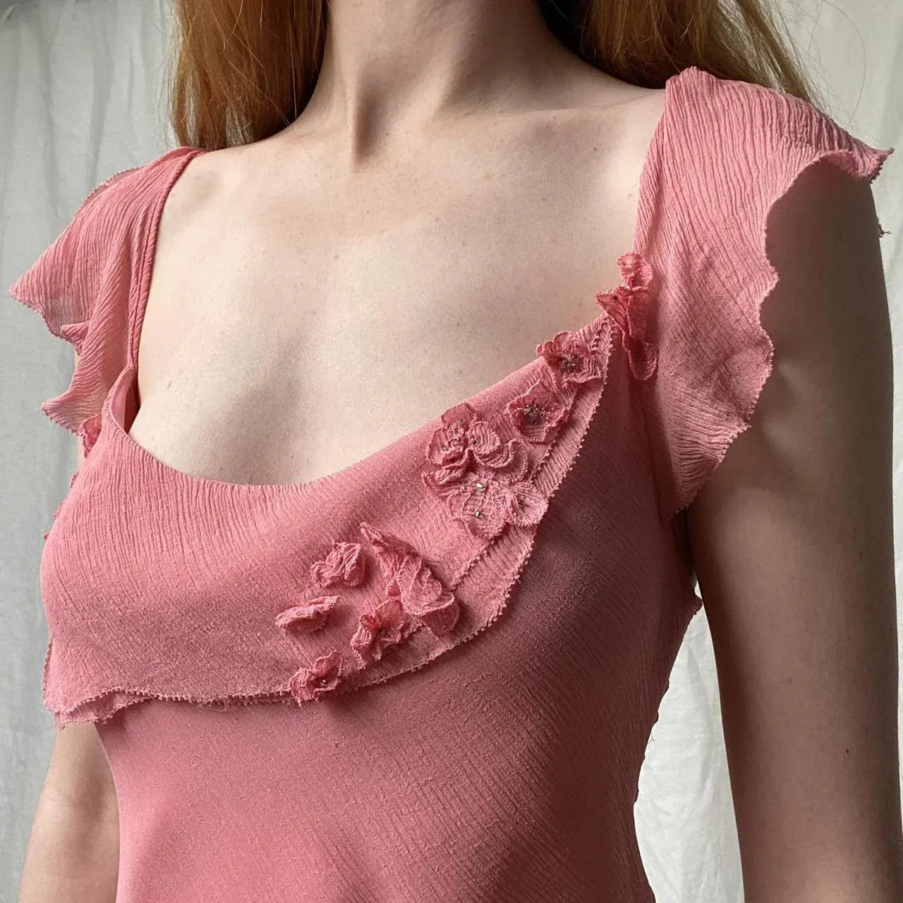 Romantic Dusty Rose Chiffon Ruffled Floral Appliqué Midi Dress