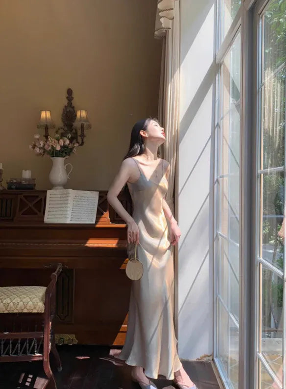 Light Gray Metallic Satin Cowl Neck Midi Dress