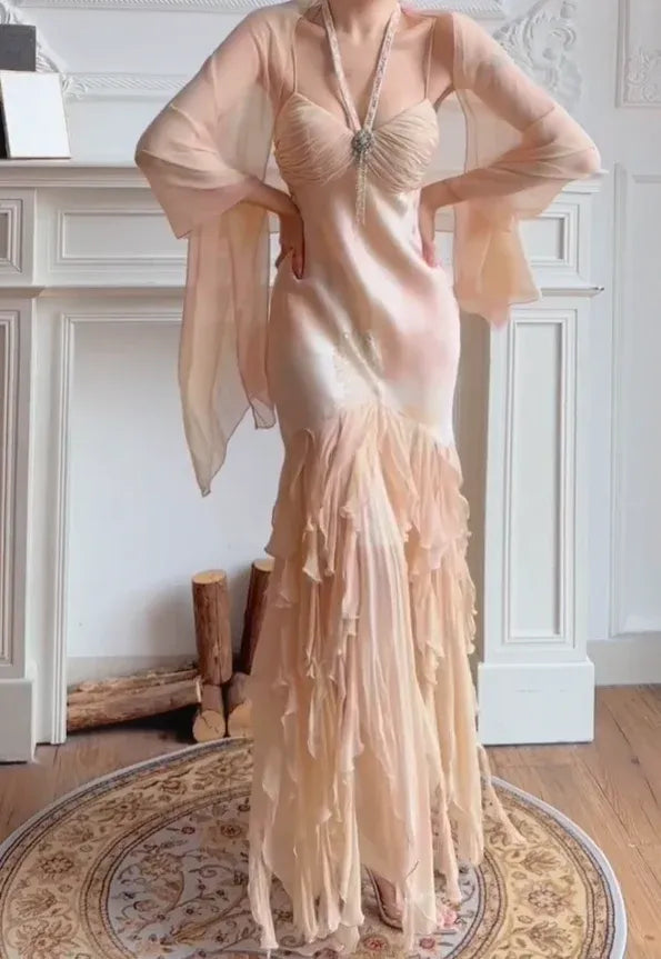 Apricot Satin Rhinestone Halter Ruffle Mermaid Maxi Dress