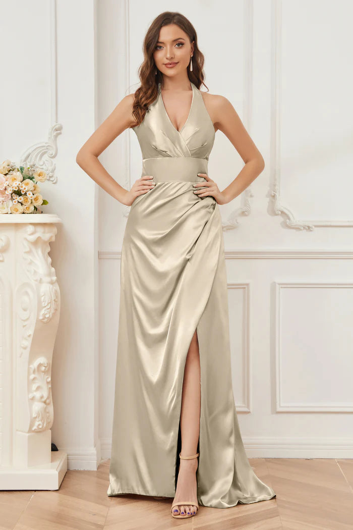 Luxe Sheath Deep V-Neck Halter-Tie Open-Back Champagne Satin Floor-Length Bridesmaid Dresses