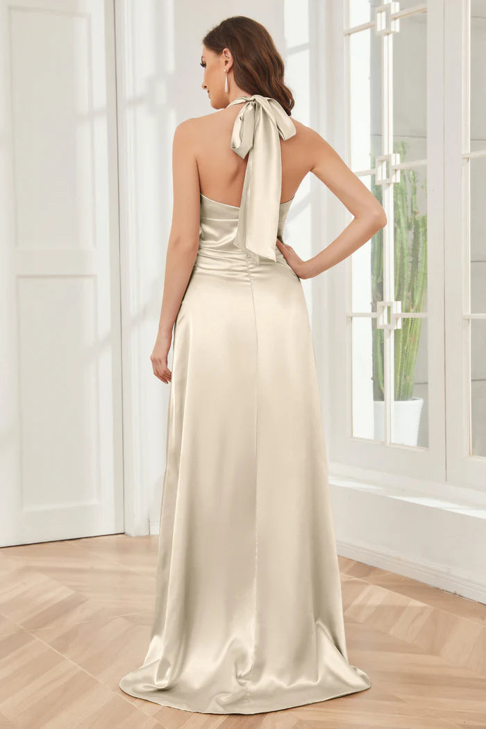 Luxe Sheath Deep V-Neck Halter-Tie Open-Back Champagne Satin Floor-Length Bridesmaid Dresses