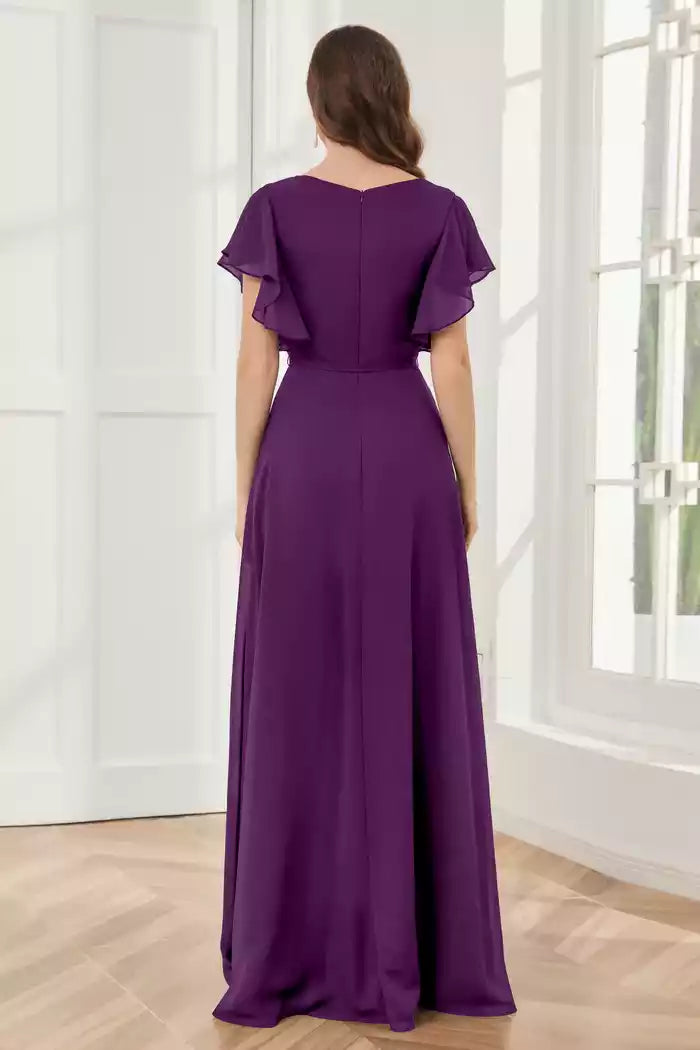 V-neck Ruffles Sleeves Chiffon Slit Bridesmaid Dresses