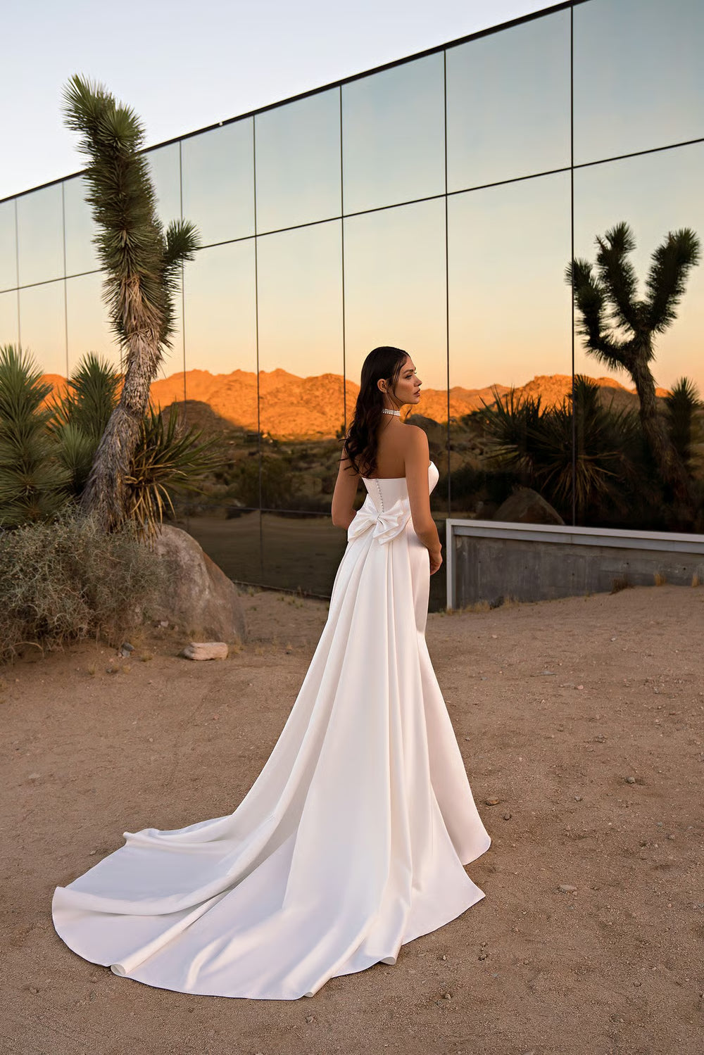 Strapless Satin Wedding Dress with Back Bow, Fit-and-Flare and Cathedral Train